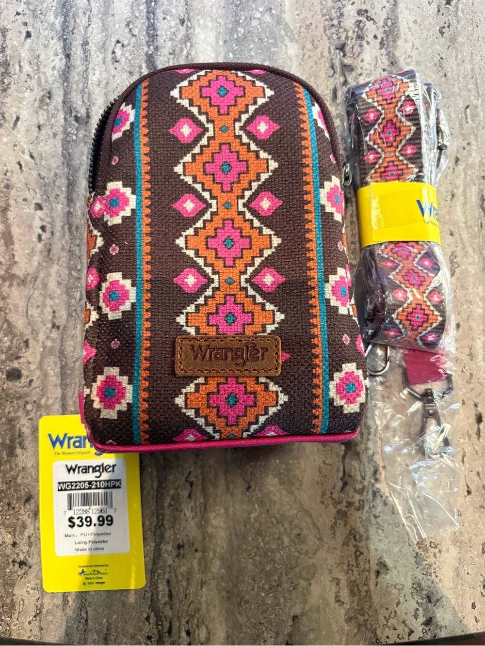 Wrangler Brown Crossbody Bag with Pink & Orange Aztec Pattern